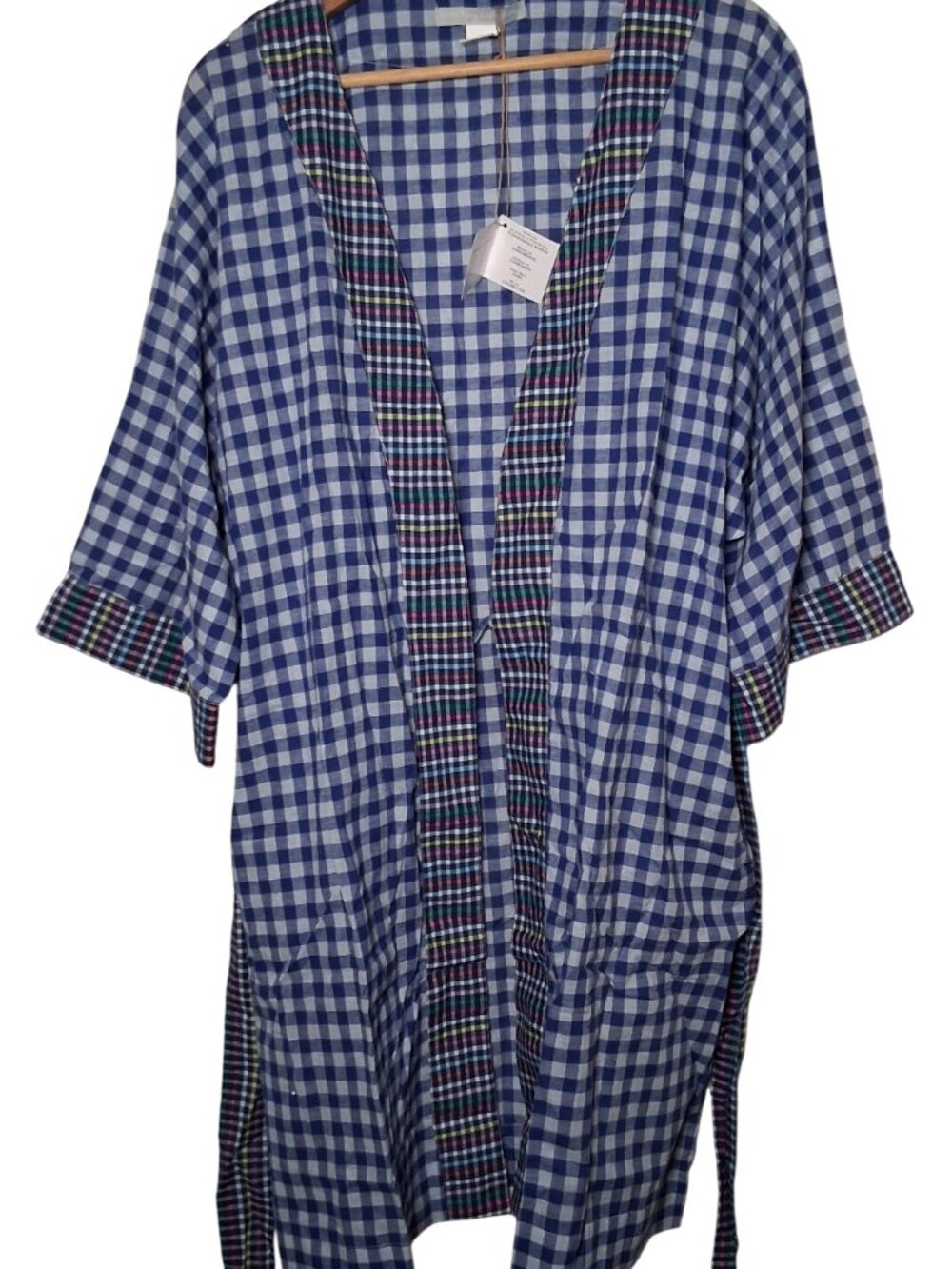 Noonday Collection Robe M/L Scrunchie Blue Gingham Check Lightweight Lounge - Picture 4 of 16
